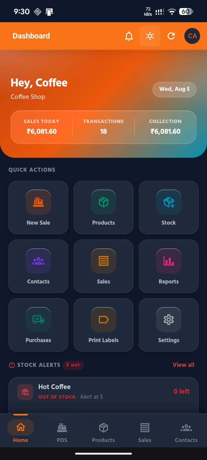 Dhando POS orange dark appearance theme