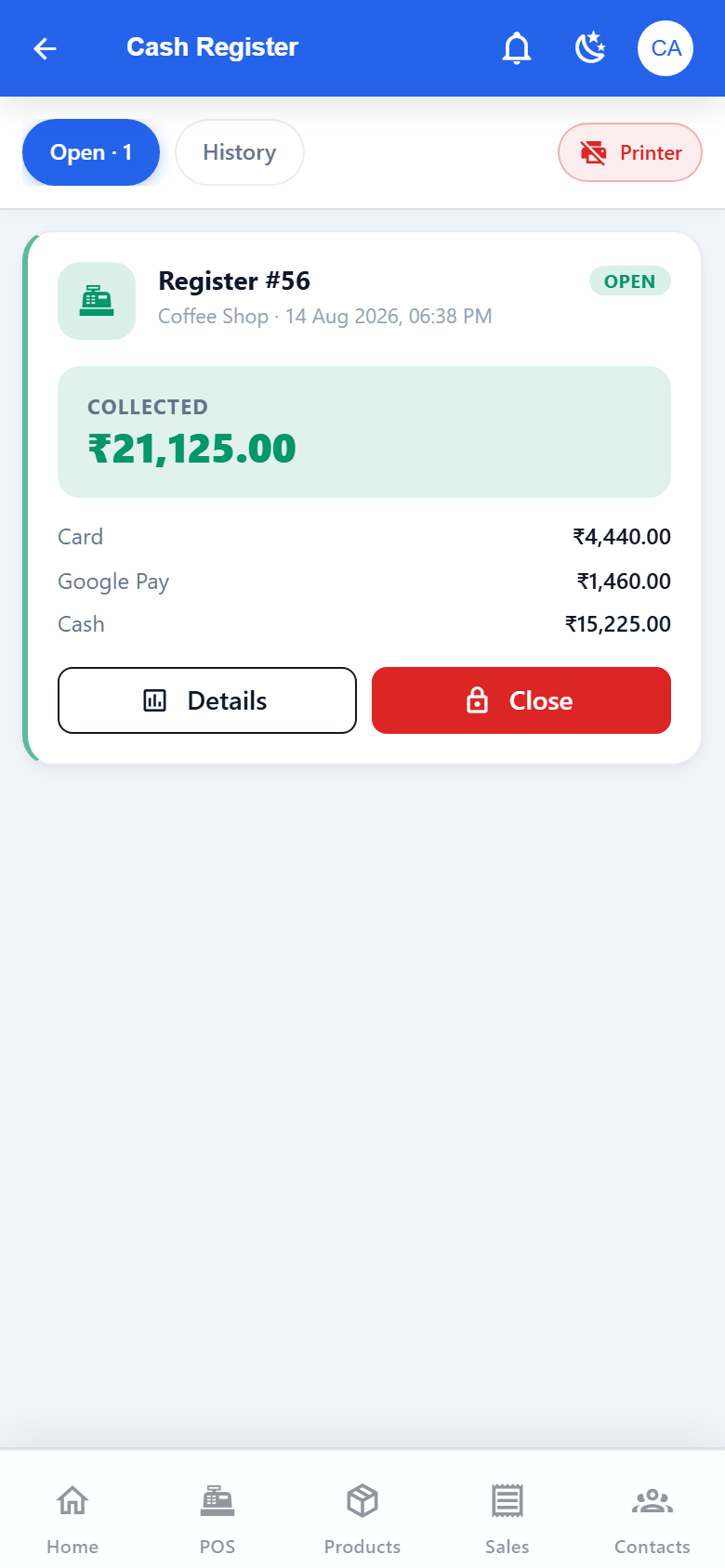 Dhando POS cash register with cash, card and UPI collection totals