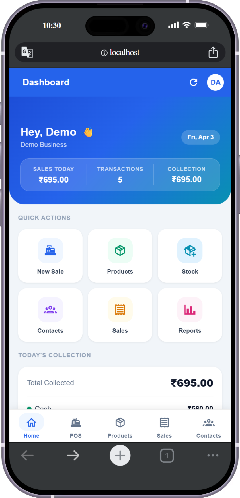 Dhando POS dashboard — daily sales and quick actions